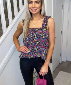 AX Paris Navy Floral Printed Elasticated Strap Top