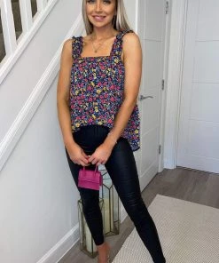 AX Paris Navy Floral Printed Elasticated Strap Top