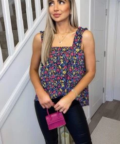 AX Paris Navy Floral Printed Elasticated Strap Top