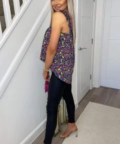 AX Paris Navy Floral Printed Elasticated Strap Top