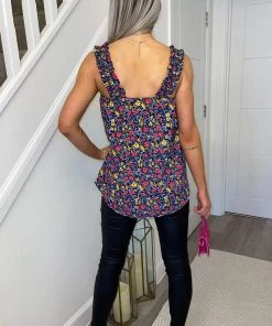 AX Paris Navy Floral Printed Elasticated Strap Top