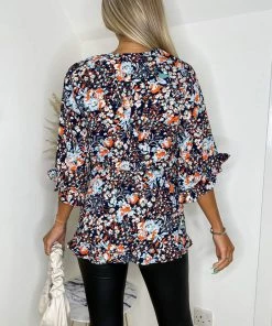 AX Paris Tops Navy Floral Printed Frill Hem Wrap Top