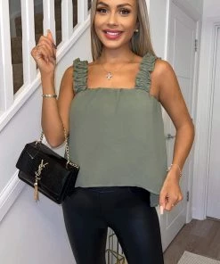 AX Paris Khaki Elasticated Frill Strap Top Tops