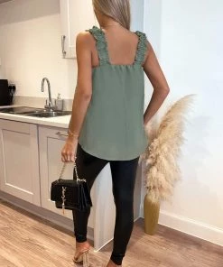 AX Paris Khaki Elasticated Frill Strap Top Tops