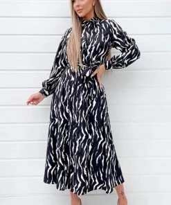 AX Paris Black And White Printed Button Up Midi Shirt Dress