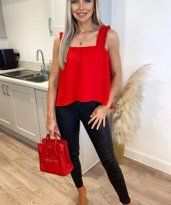 AX Paris Tops Red Elasticated Frill Strap Top