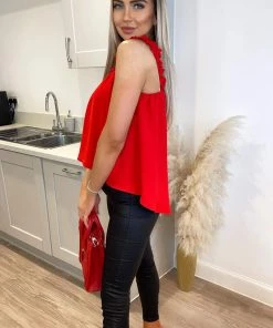 AX Paris Tops Red Elasticated Frill Strap Top