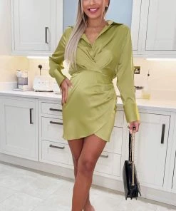 AX Paris Lime Satin Wrap Shirt Dress