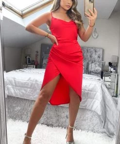 AX Paris Dresses Red Pleated Wrap Cowl Neck Satin Midi Dress