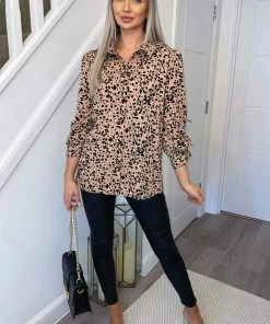 AX Paris Peach And Black Printed Button Up Shirt Tops