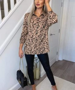 AX Paris Peach And Black Printed Button Up Shirt Tops