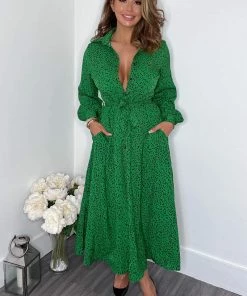 AX Paris Green Printed Button Up Midi Shirt Dress