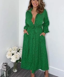 AX Paris Green Printed Button Up Midi Shirt Dress