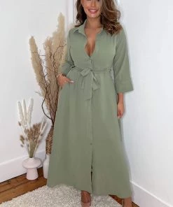 AX Paris Dresses Khaki Button Up Midi Shirt Dress