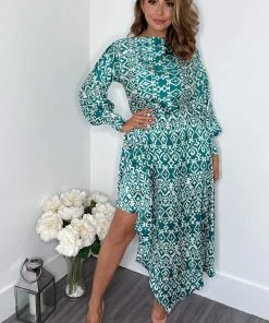 AX Paris Dresses Green Printed Satin High Low Skirt Midi Dress