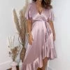 AX Paris Dusty Pink Satin Frill Hem Short Sleeve Midi Dress