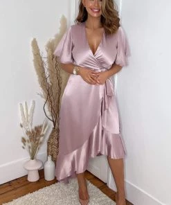 AX Paris Dusty Pink Satin Frill Hem Short Sleeve Midi Dress