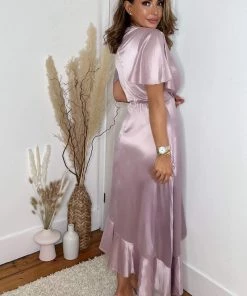 AX Paris Dusty Pink Satin Frill Hem Short Sleeve Midi Dress