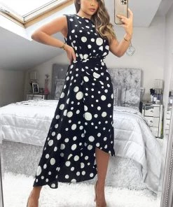 AX Paris Black And White Polka Dot Gathered Midi Dress