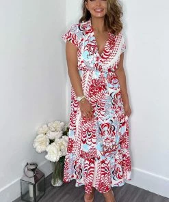 AX Paris Red Cream And Blue Printed Maxi Smock Dress Dresses
