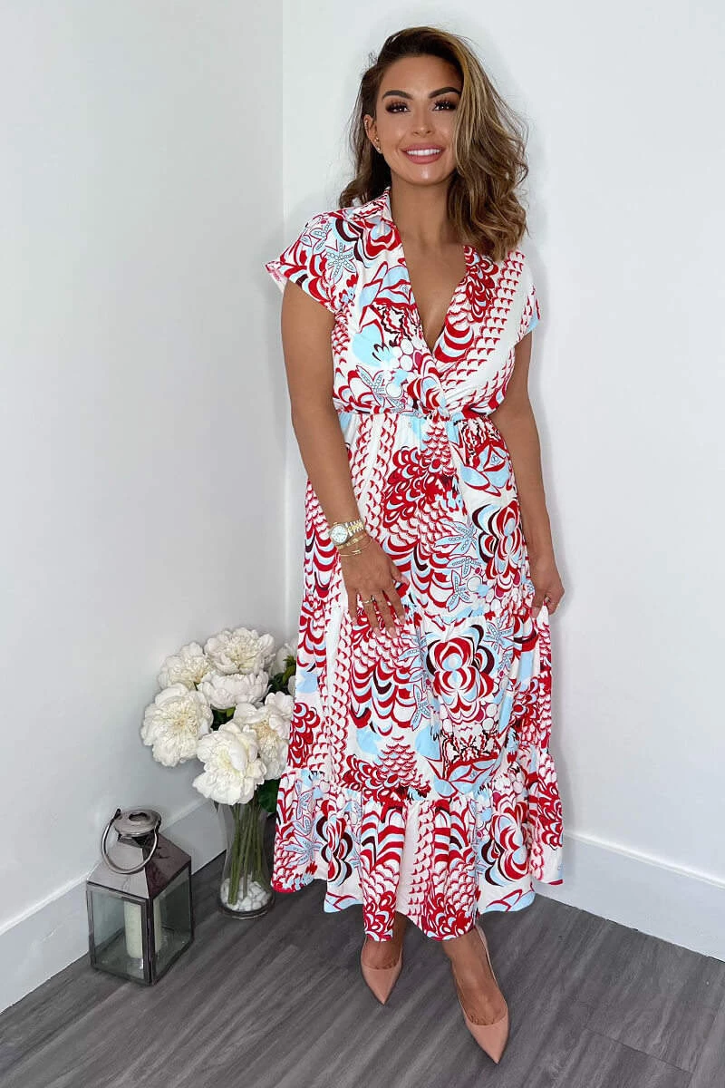 AX Paris Red Cream And Blue Printed Maxi Smock Dress Dresses 1 AX Paris Red Cream And Blue Printed Maxi Smock Dress Dresses
