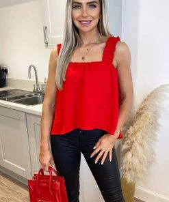 AX Paris Tops Red Elasticated Frill Strap Top