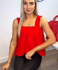 AX Paris Tops Red Elasticated Frill Strap Top