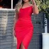 AX Paris Dresses Red Pleated Wrap Cowl Neck Satin Midi Dress