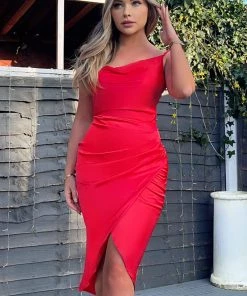 AX Paris Dresses Red Pleated Wrap Cowl Neck Satin Midi Dress