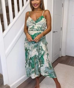 AX Paris Green Marble Print Double Frill Strappy Midi Dress Dresses