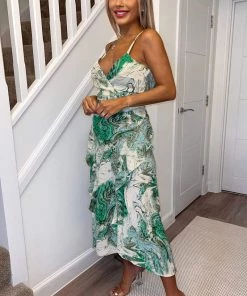 AX Paris Green Marble Print Double Frill Strappy Midi Dress Dresses