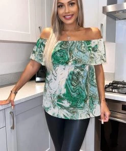 AX Paris Tops Green Marble Print Bardot Top