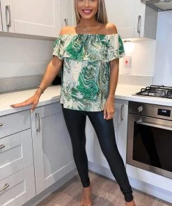 AX Paris Tops Green Marble Print Bardot Top