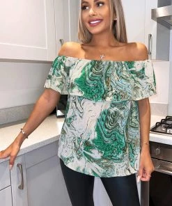 AX Paris Tops Green Marble Print Bardot Top 7 AX Paris Tops Green Marble Print Bardot Top
