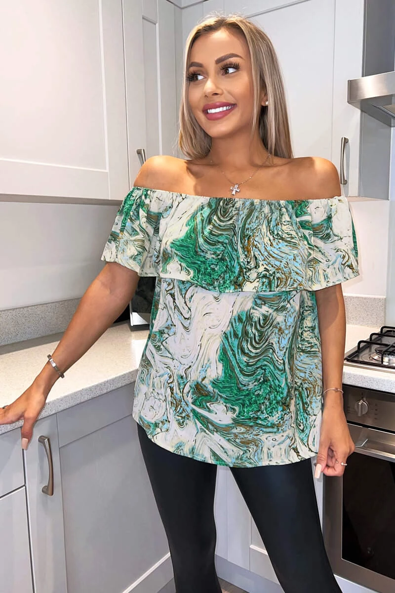AX Paris Tops Green Marble Print Bardot Top 3 AX Paris Tops Green Marble Print Bardot Top