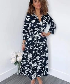 AX Paris Dresses Navy And White Floral Printed Midi Shirt Dress