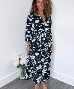 AX Paris Dresses Navy And White Floral Printed Midi Shirt Dress