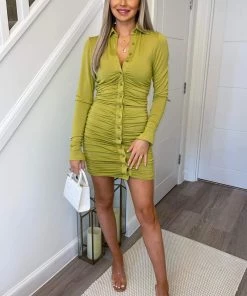 AX Paris Lime Ruched Button Front Bodycon Dress Dresses