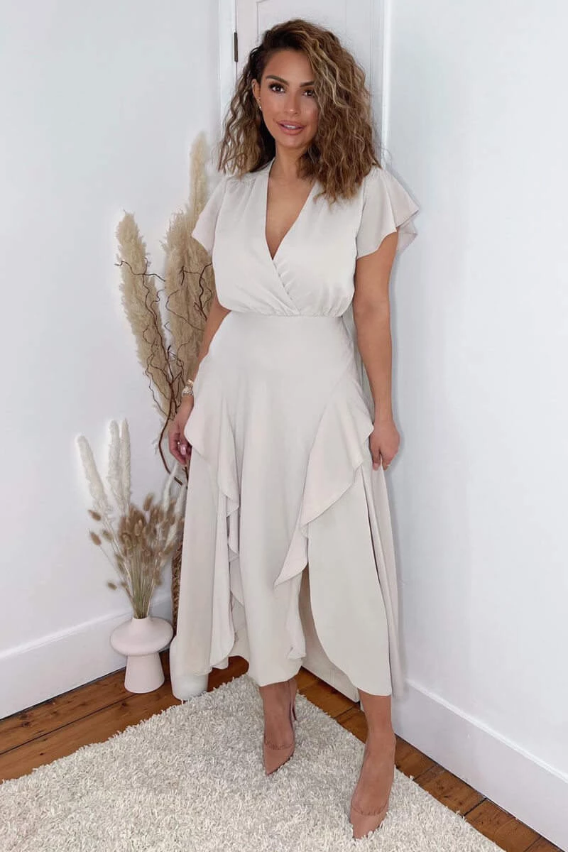 AX Paris Stone Frill Detail Double Split Skirt Midi Dress Dresses 2 AX Paris Stone Frill Detail Double Split Skirt Midi Dress Dresses