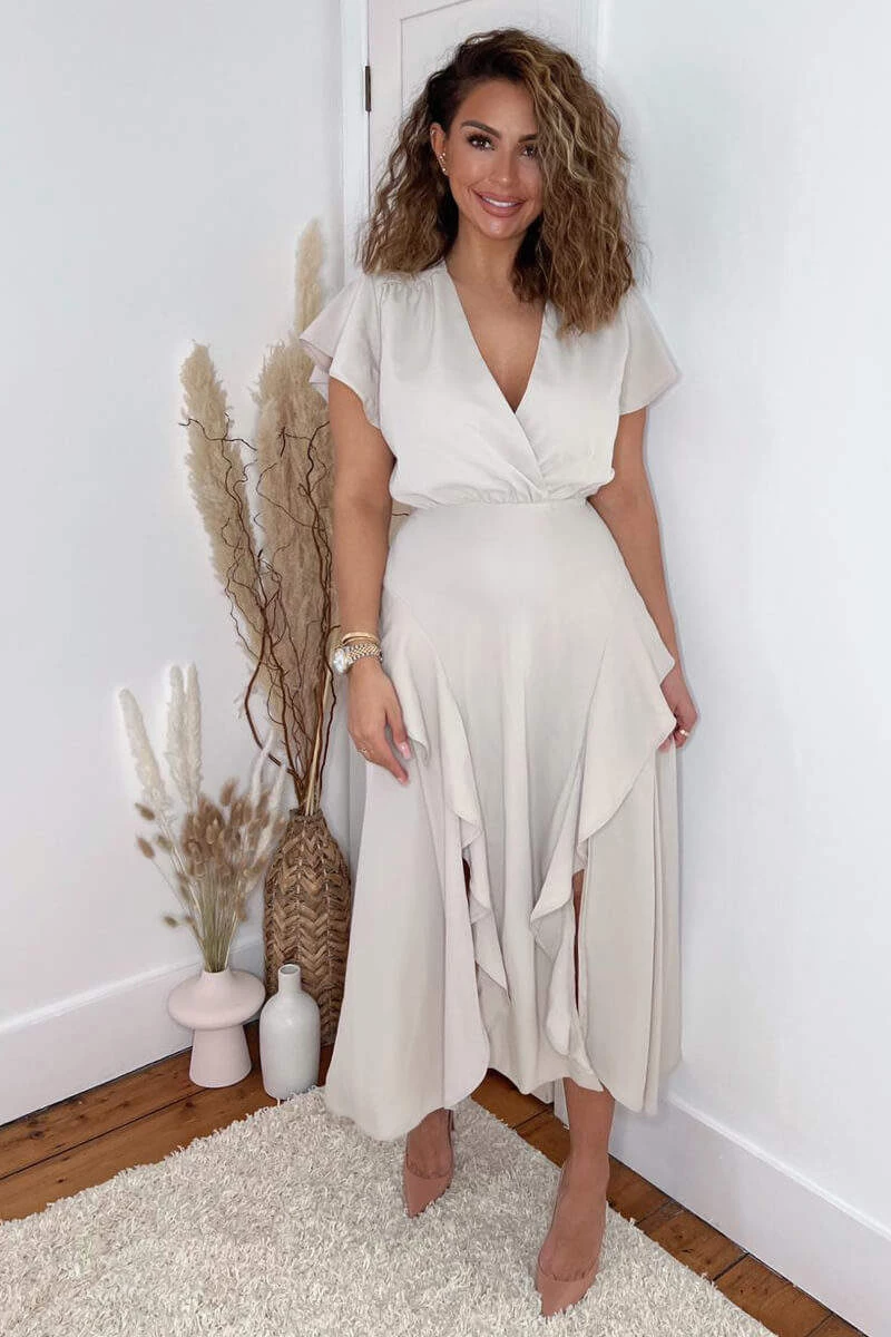 AX Paris Stone Frill Detail Double Split Skirt Midi Dress Dresses 3 AX Paris Stone Frill Detail Double Split Skirt Midi Dress Dresses