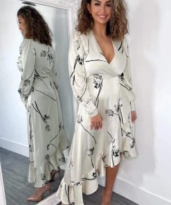 AX Paris Stone Floral Printed Wrap Over Long Sleeve Dress