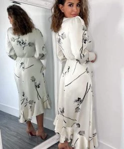 AX Paris Stone Floral Printed Wrap Over Long Sleeve Dress
