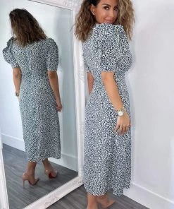 AX Paris Dresses Blue Animal Print Pleated Sleeve Midi Dress