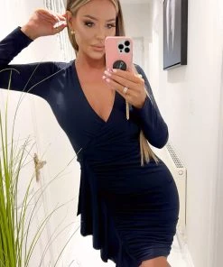 AX Paris Dresses Navy Frill Detail Long Sleeve Bodycon Mini Dress