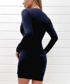 AX Paris Dresses Navy Frill Detail Long Sleeve Bodycon Mini Dress