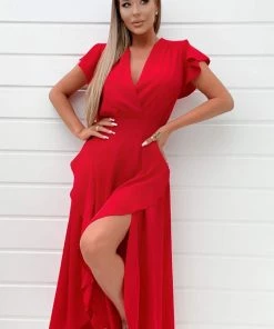 AX Paris Red Frill Detail Double Split Skirt Midi Dress Dresses