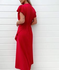 AX Paris Red Frill Detail Double Split Skirt Midi Dress Dresses 8 AX Paris Red Frill Detail Double Split Skirt Midi Dress Dresses