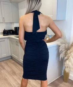 AX Paris Dresses Navy Halter Tie Neck Ruched Midi Bodycon Dress