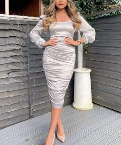 AX Paris Oyster Satin Square Neck Ruched Dress