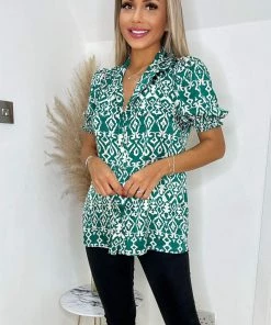 AX Paris Green Printed Short Sleeve Button Up Shirt Tops